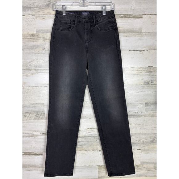 NYDJ Women’s 00 Emma Relaxed Straight Leg Jeans Black Faded Stretch Denim Zip - Picture 1 of 4